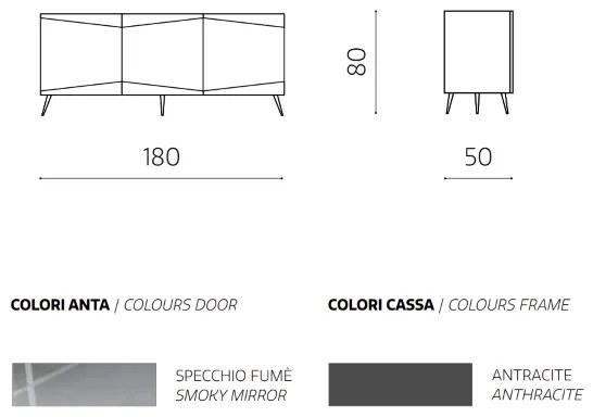 Madia credenza a 3 ante in vetro specchio fumcocca antracite e 5 piedini ISIDE