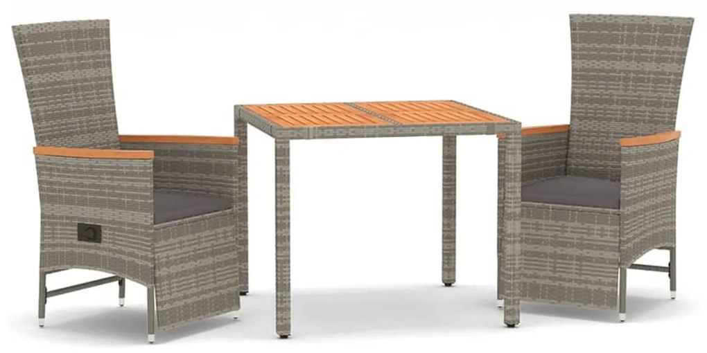 Set da pranzo da giardino 3 pz con cuscini in polyrattan grigio