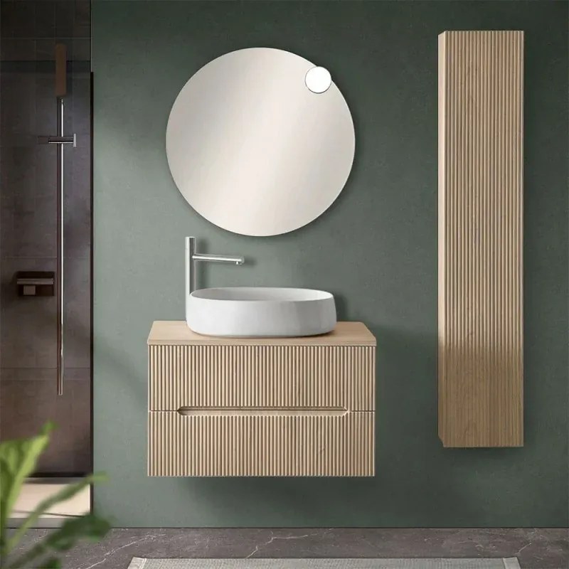 Mobile bagno sospeso 80 cm rovere chiaro cannettato con top e specchio Bali