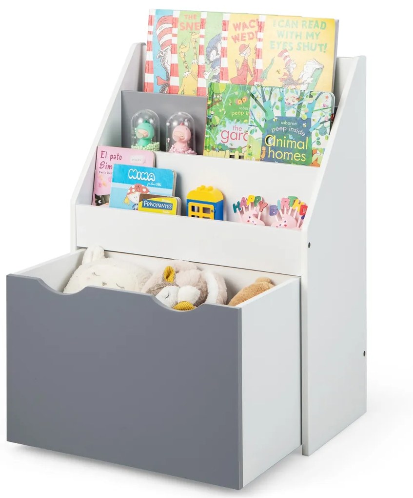 Costway Scaffale per bambini con 3 ripiani e scatola di giocattoli, Libreria perfetta per la stanza dei giochi Grigio