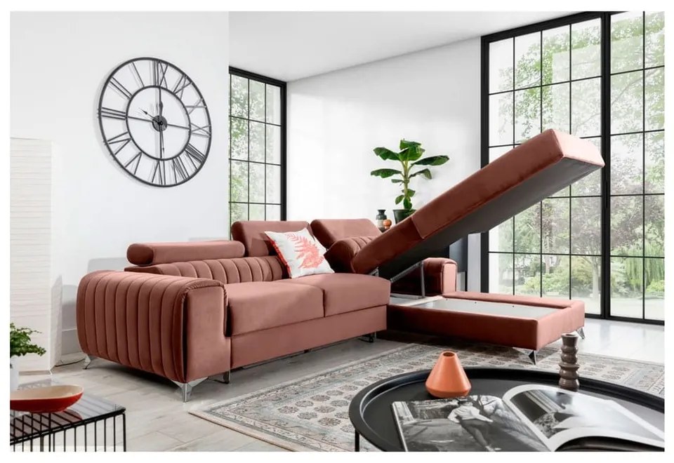 Divano angolare rosa allungabile/con contenitore (con penisola a destra/con chaise lounge) e rivestimento in velluto Grayson – ELTAP