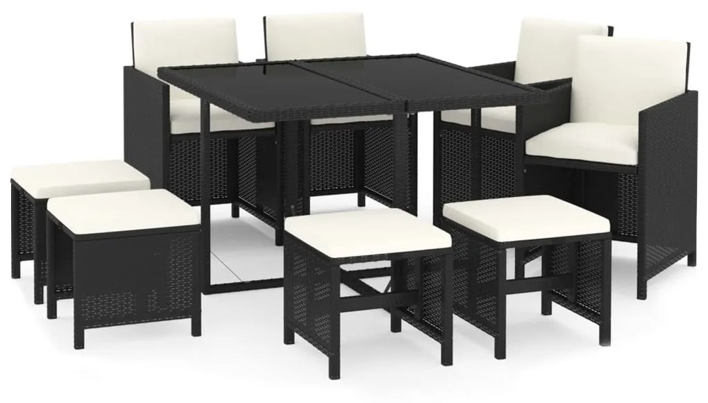 Set da pranzo da giardino 9 pz con cuscini in polyrattan nero