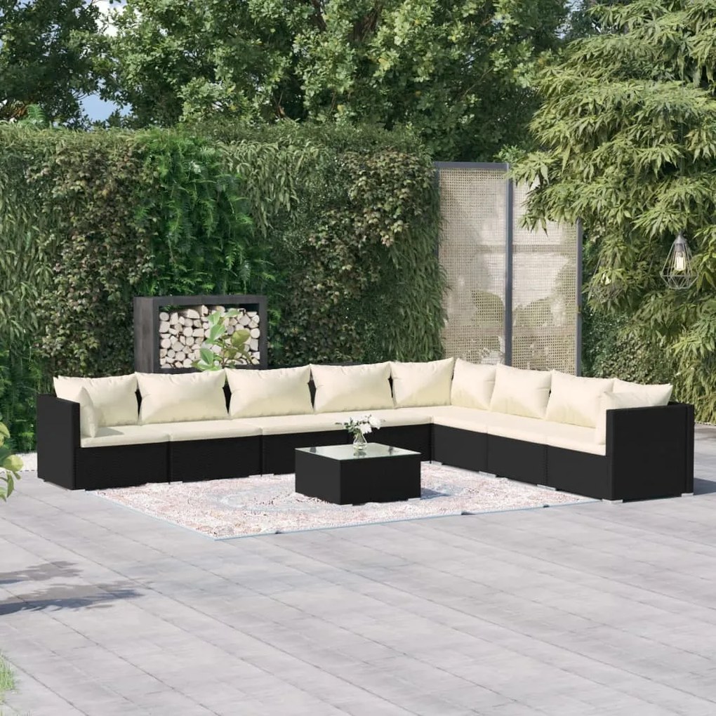 Set Salotto da Giardino 9 pz con Cuscini in Polyrattan Nero