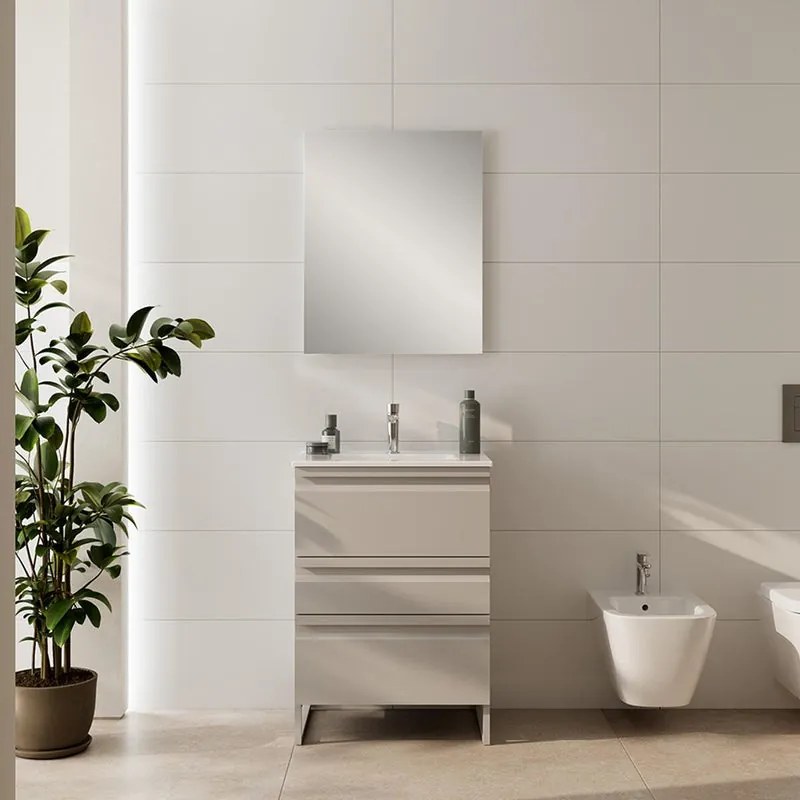 Mobile da bagno sospeso Pull taupe con lavabo in ceramica bianco vasca centrale base con 3 cassetti a chiusura ammortizzata (estrazione parziale), con presa maniglia L61 H75 P46,5cm