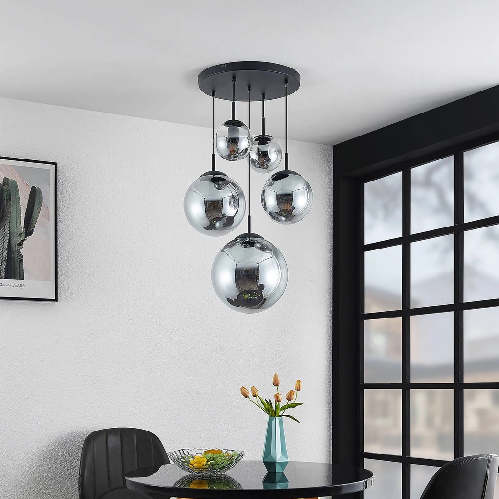 Lampada a sospensione in vetro Teeja Lindby, dimmerabile, Alluminio / Grigio / Zincato, Soggiorno / Sala da pranzo, Vetro, Vintage, Lampada a sospensione
