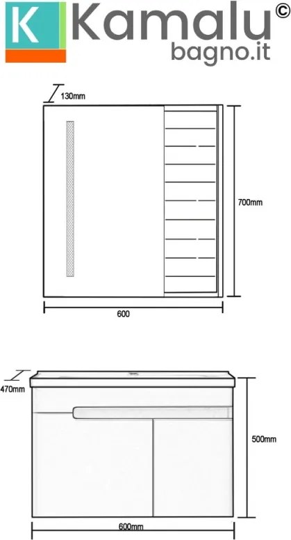 Kamalu - Mobile bagno 60 cm lavabo integrato e specchio contenitore | KAM-NS60