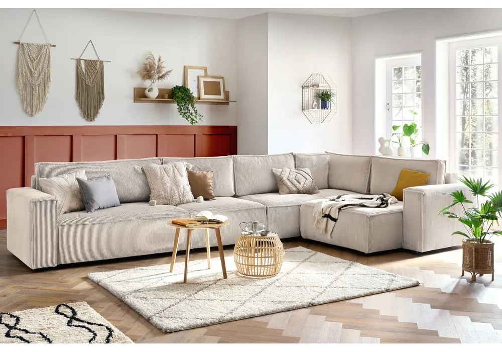 Divano angolare in velluto a coste color crema, angolo destro Nihad modular - Bobochic Paris