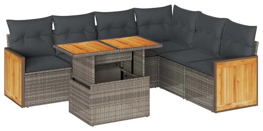 Set divani da giardino 7pz con cuscini grigio polyrattan acacia