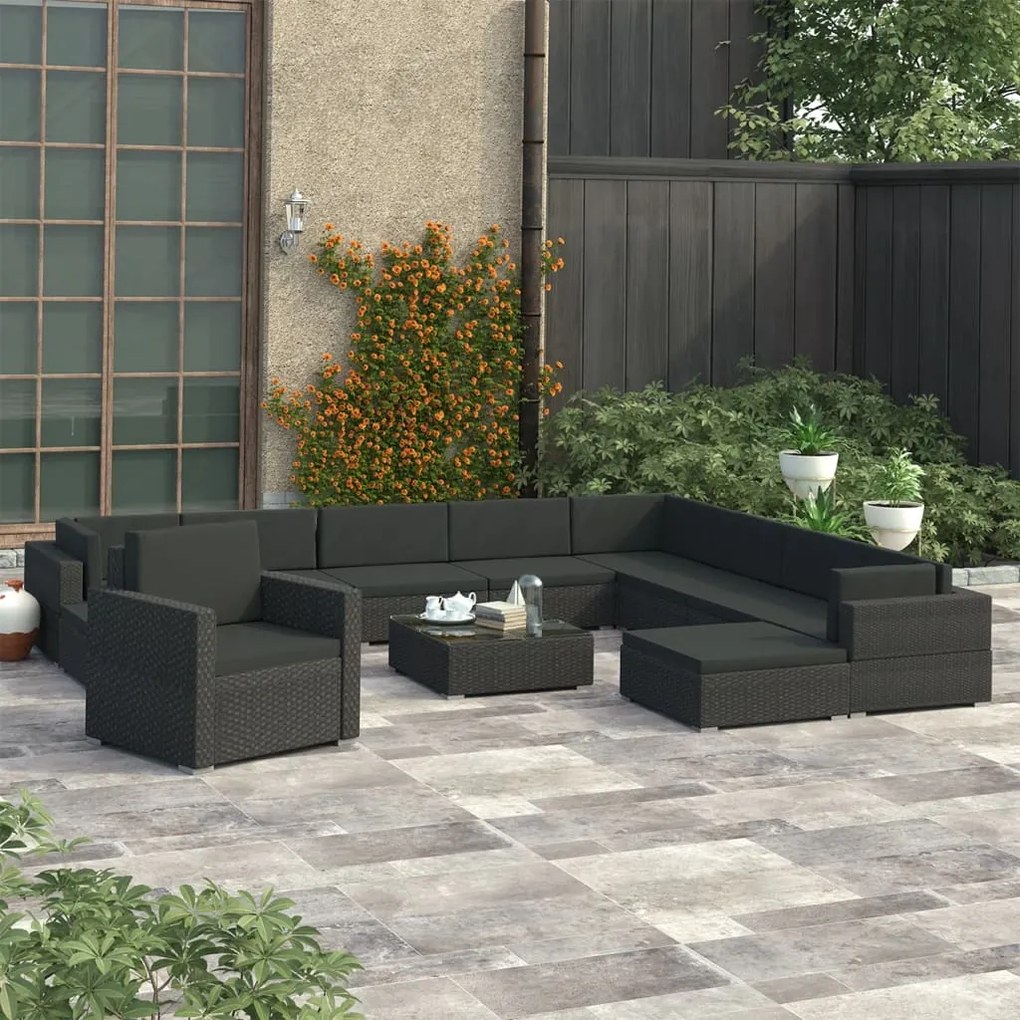 Set divani da giardino 12 pz con cuscini in polyrattan nero