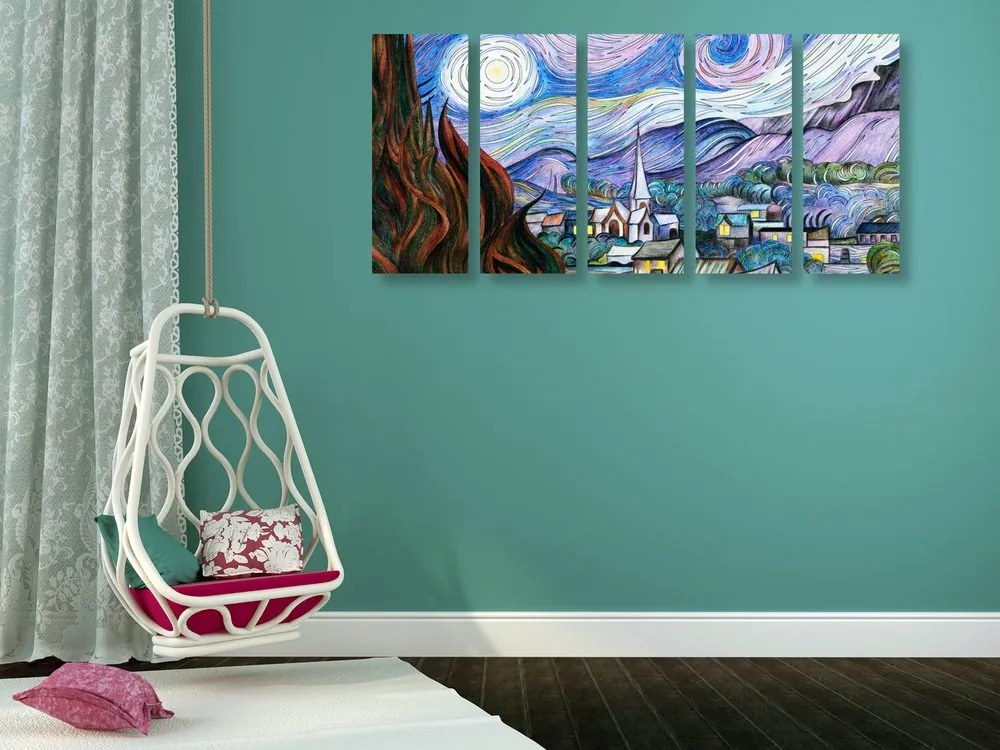 Quadri 5 pezzi – Riproduzione Notte stellata - Vincent van Gogh