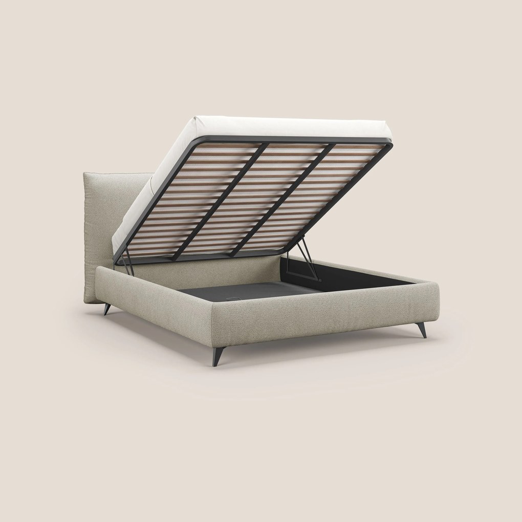 EROS letto imbottito in piuma con vano contenitore in pregiato e fresco bouclet smacchiabile T16 beige