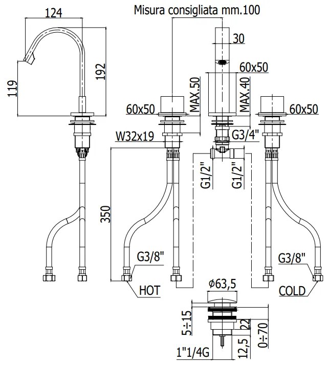 Paffoni Level Lep052 Gruppo Lavabo 3 Fori Senza Scarico Cromo