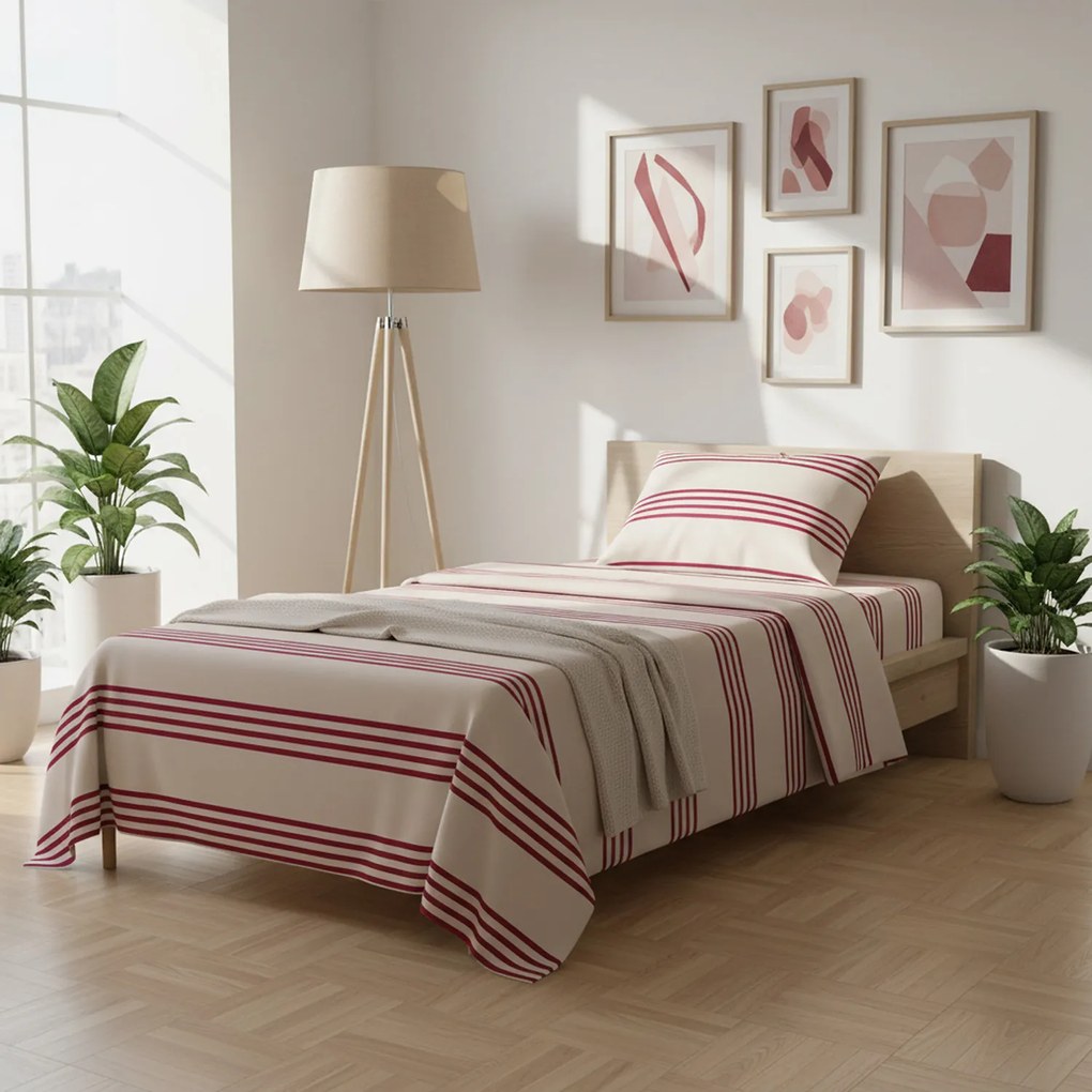Completo letto singolo righe bordeaux cotone