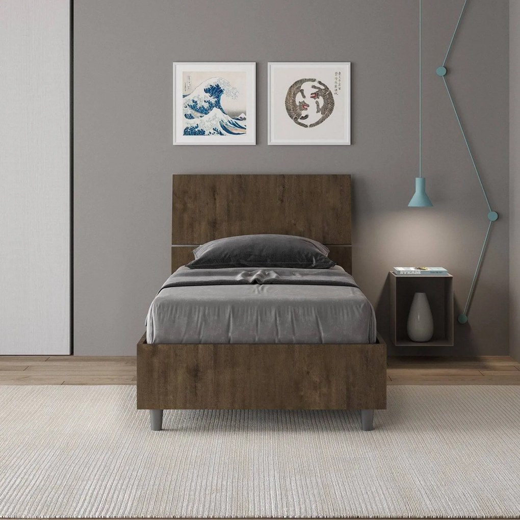 Letto singolo senza rete, con rete e contenitore 80x200 testata dritta Demas, noce / con rete