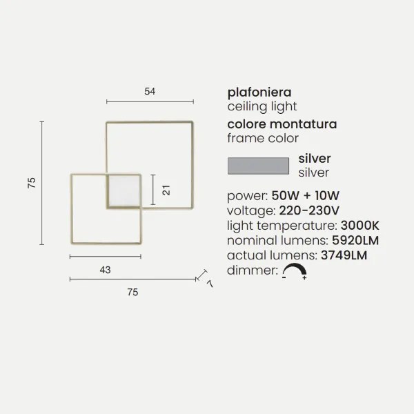 Plafoniera DOWEL 75x7 cm in metallo verniciato Silver
