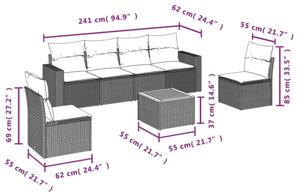 Set divani da giardino 7 pz con cuscini grigio in polyrattan