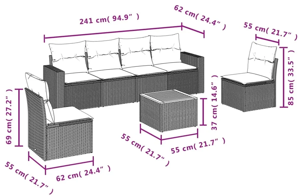 Set divani da giardino 7 pz con cuscini grigio in polyrattan
