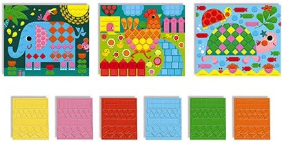 3 carte da decorare con più di 260 mosaici in schiuma et 1 libretto con istruzioni e modelli.