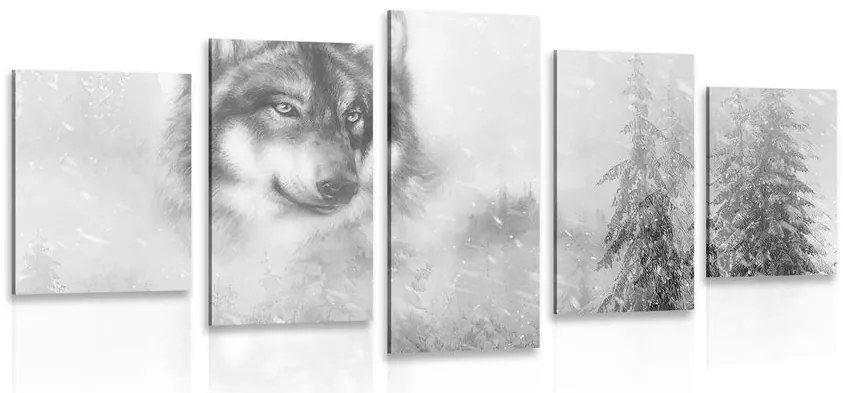 Quadri 5 pezzi – Lupo nel paesaggio innevato in bianco e nero