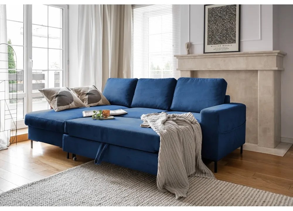 Divano letto angolare in velluto a coste blu scuro (angolo sinistro) Lofty Lilly - Miuform