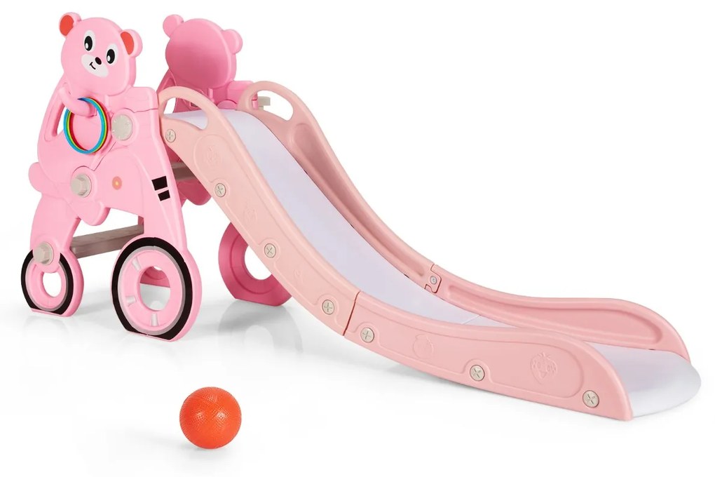 Costway Scivolo 3 in 1 per bambini con canestro e anelli per interno, Scivolo pieghevole a forma di orsetto Rosa