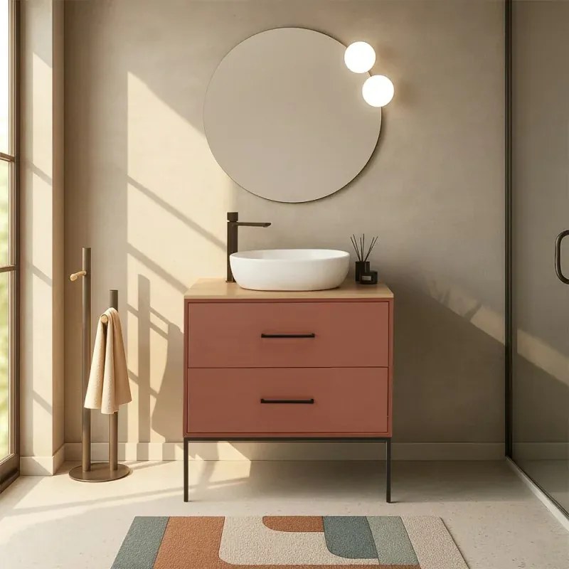 Mobile bagno sospeso 80cm terracotta con due cassetti e specchio Brik