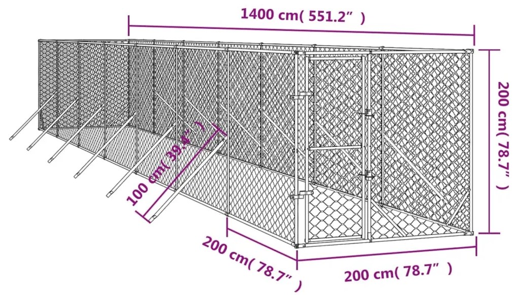 Cuccia per cani da esterno argento 2x14x2 m acciaio zincato