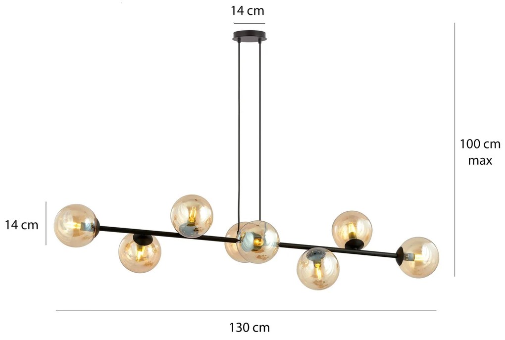 Lampadario Contemporaneo 8 Luci Rossi In Acciaio Nero E Sfere In Vetro Ambra