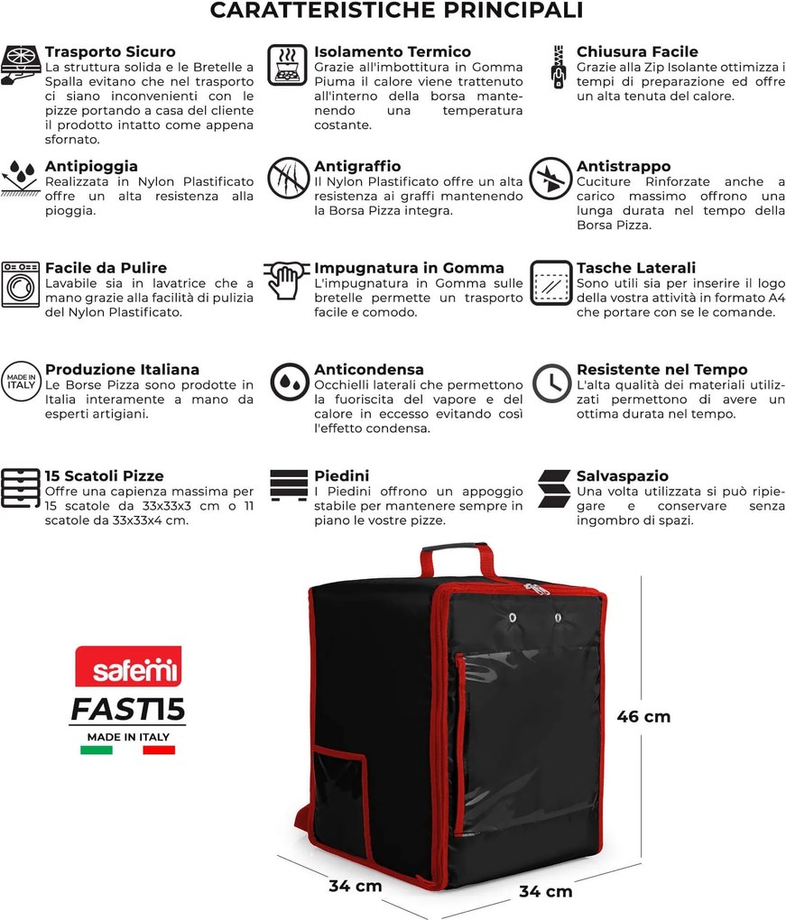 Zaino Borsa Termica Porta Pizze da Asporto 15 Cartoni Safemi Fast 15 Nero...