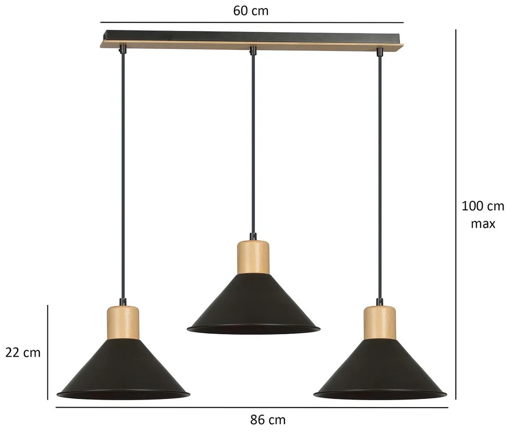 Sospensione Nordica 3 Luci Chandra In Acciaio Nero E Legno