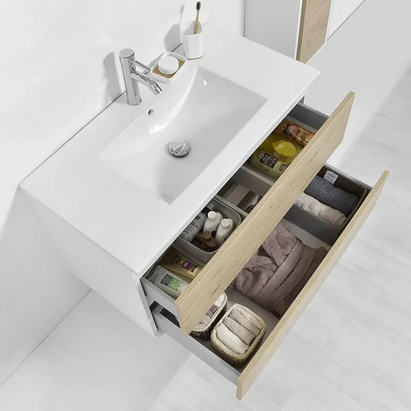 Mobile bagno sospeso 90 cm Duble rovere africa completo di lavabo e specchio