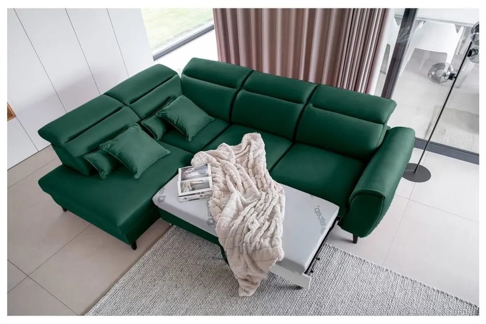 Divano angolare verde allungabile/con contenitore (con penisola a sinistra/a L) e rivestimento in velluto Noble – ELTAP