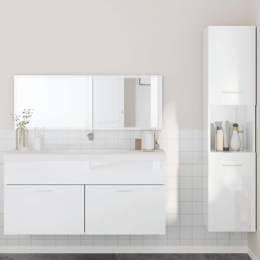 Set Mobili Da Bagno 3 Pz Bianco Lucido İn Legno Multistrato /