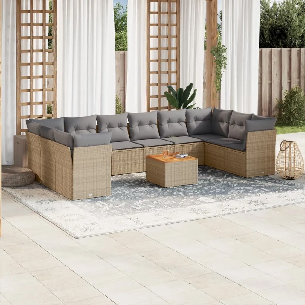 Set divani da giardino 11 pz con cuscini beige in polyrattan