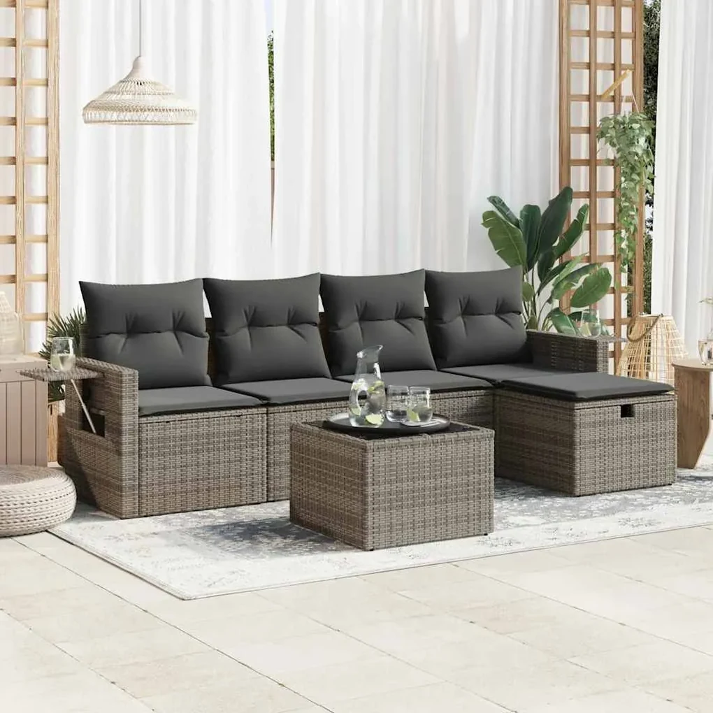 Set divano da giardino 6 pz con cuscini grigio in polyrattan