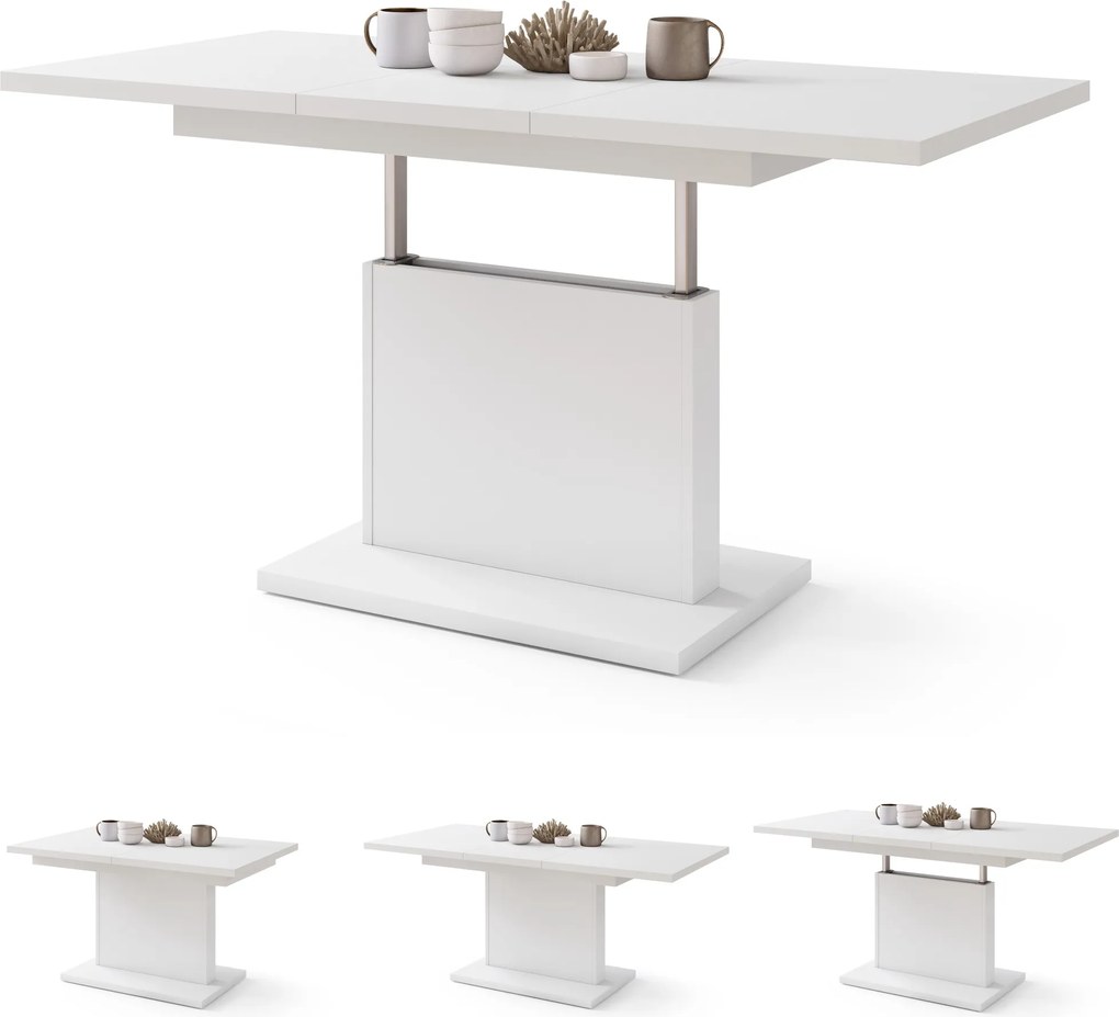 ASTON MINI Bianco Opaco - MODERNO TAVOLINO DA SALOTTO TRASFORMABILE ALLUNGABILE SOLLEVABILE