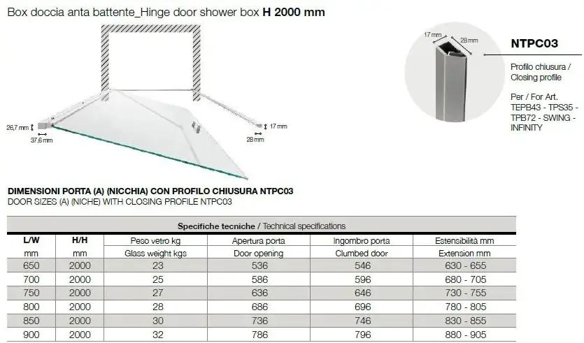 Porta Doccia Battente Totale Anticalcare 6mm H200 - Swing