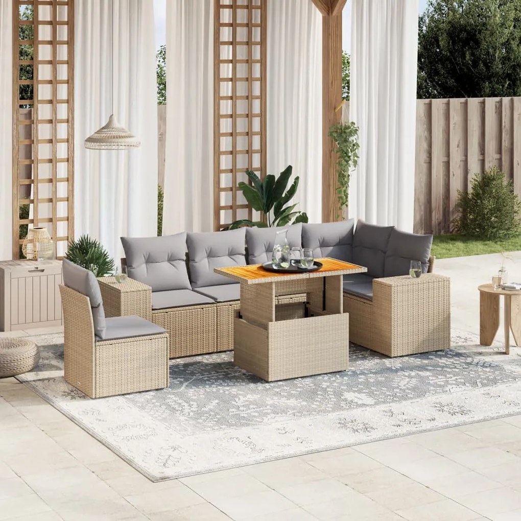 Set divani da giardino 7 pz con cuscini beige in polyrattan