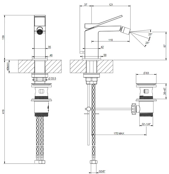 Miscelatore bidet monocomando con flessibili di collegamento cromo Rettangolo K 53007 Gessi