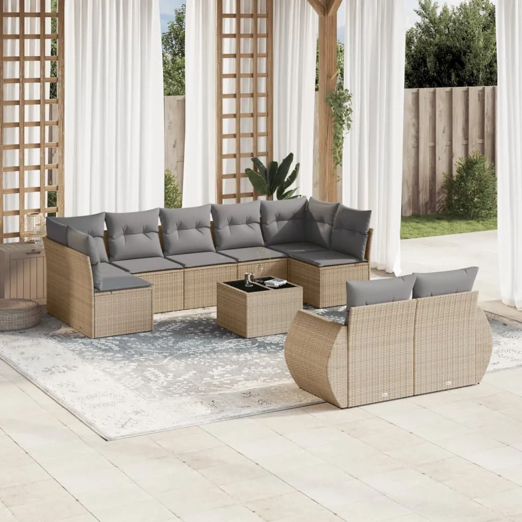 Set Divano da Giardino 10 pz con Cuscini Beige in Polyrattan