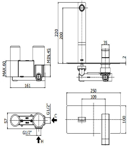 Paffoni Level Les105cr Miscelatore lavabo Incasso 2 Fori Con Piastra Rettangolare Cromo