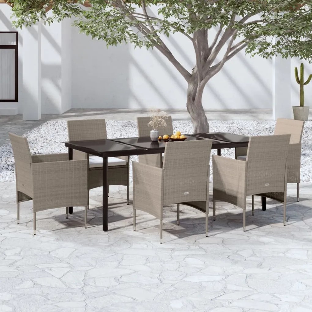 Set da pranzo da giardino 7 pz con cuscini beige e nero