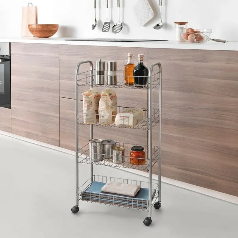 Carrello con ruote e 4 ripiani in acciaio con Polytherm argento Ascona