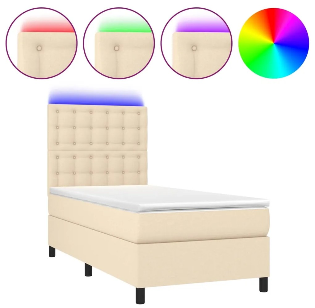 Letto a molle con materasso e led crema 80x200 cm in tessuto