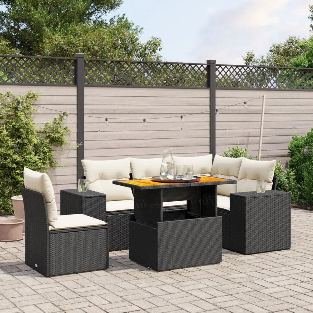 Set divano da giardino 6 pz con cuscini nero in polyrattan