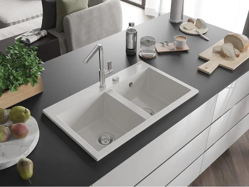 Mexen Hektor lavello in granito a 2 vasche 800 x 480 mm, bianco, sifone cromato - 6521802000-20