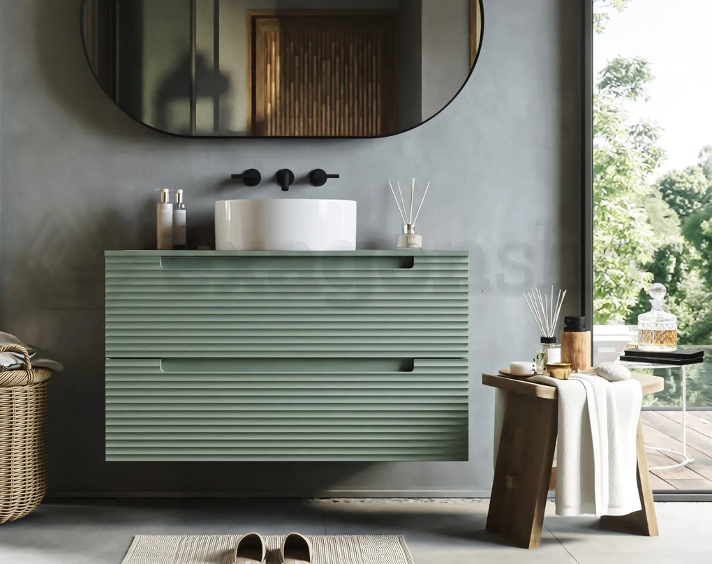 Mobile bagno muschio 100x45 Mango due cassetti soft close con lavabo tondo da appoggio in ceramica lucida