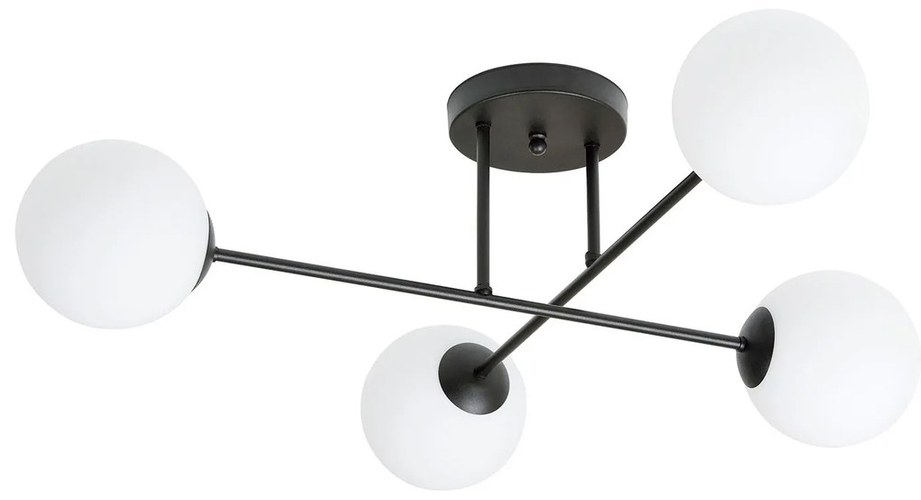 Plafoniera Moderna Morrigan 4 Luci In Acciao Nero E Sfere In Vetro Bianco