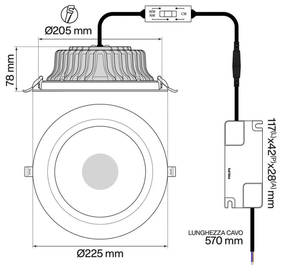 Faro da incasso 42W,Foro Ø205mm Bianco Variabile con driver Philips Colore Bianco Variabile CCT