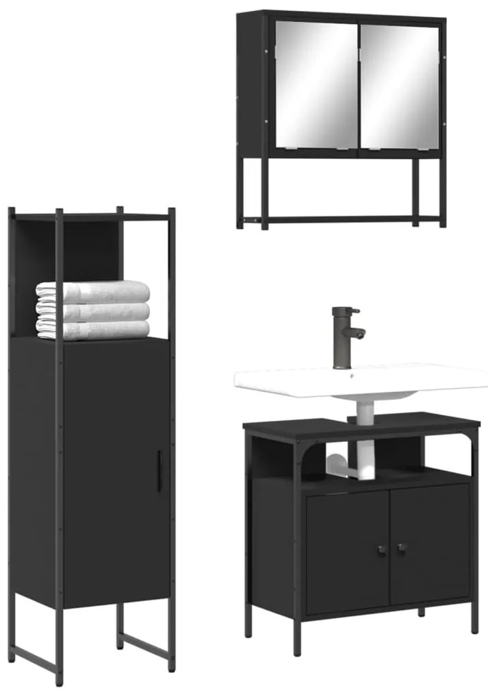 Set Mobili Da Bagno 3 Pz Nero İn Legno Multistrato /